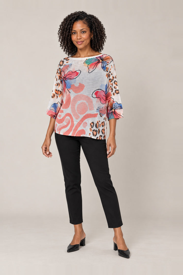 Boutique Karma Pullover Print in Coral, front view on model
