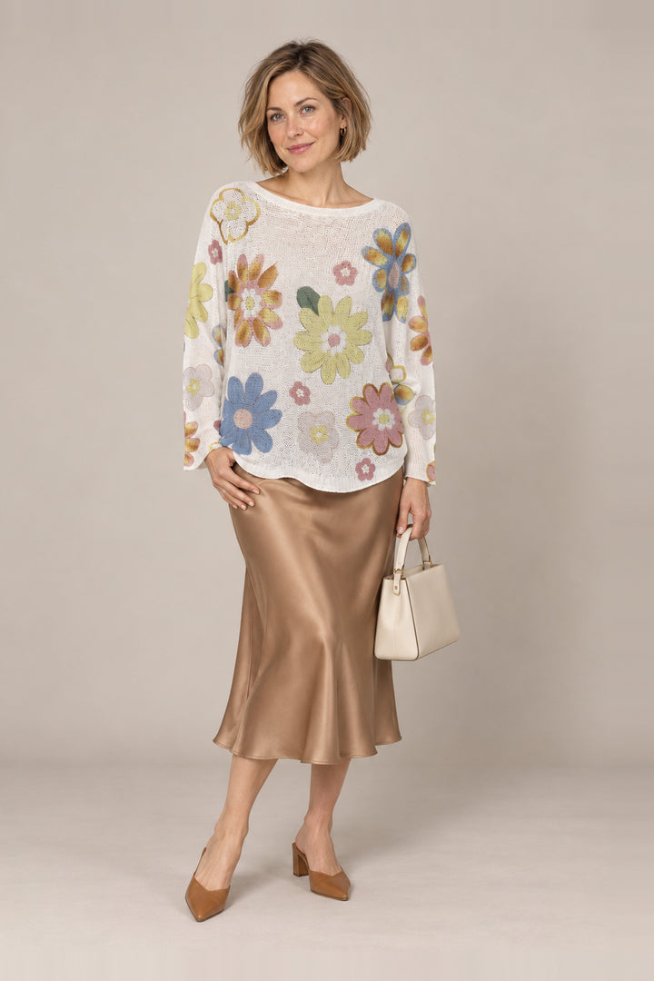 Boutique Karma Pullover Print in Spring Flowers, front view on model