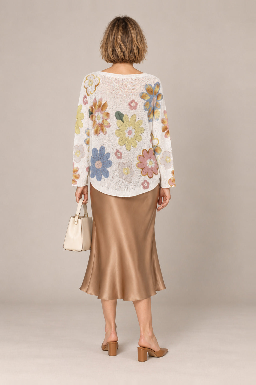Boutique Karma Pullover Print in Spring Flowers, back view on model