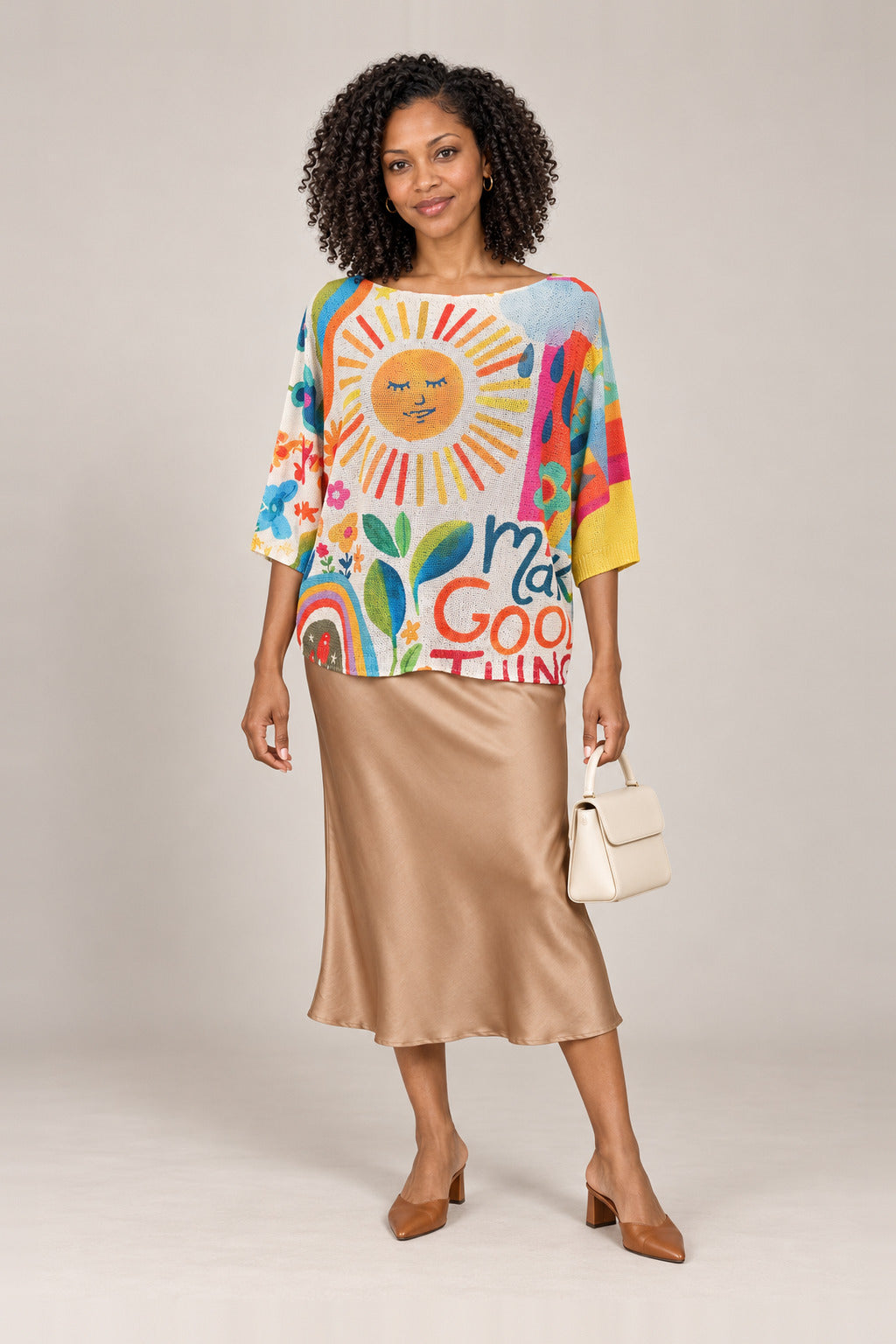 Boutique Karma Pullover Print in Sun, front view on model