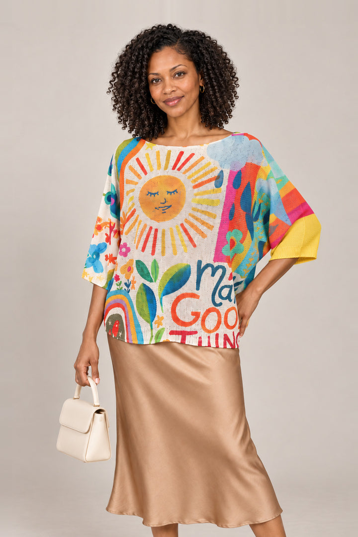 Boutique Karma Pullover Print in Sun, closer view on model