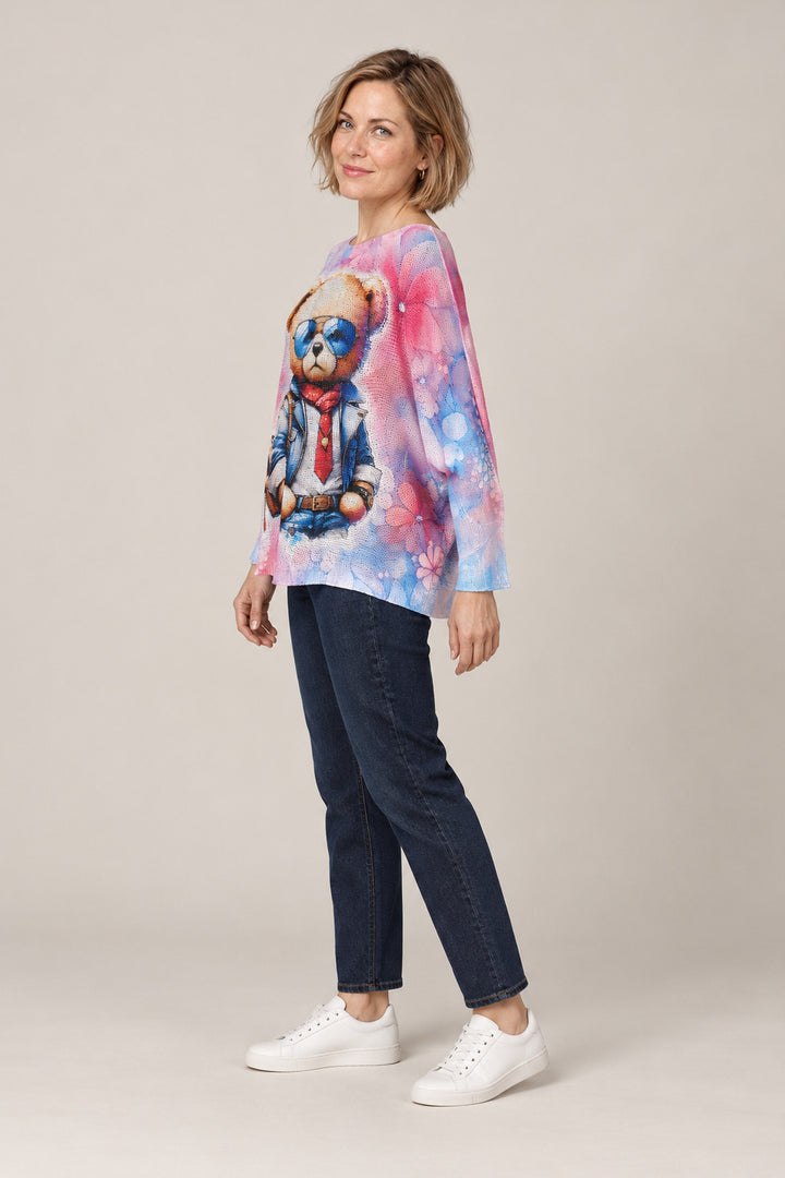 Boutique Karma Pullover Print in Teddy Bear Sunglasses, front view on model