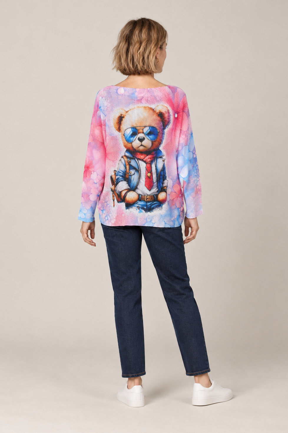 Boutique Karma Pullover Print in Teddy Bear Sunglasses, back view on model