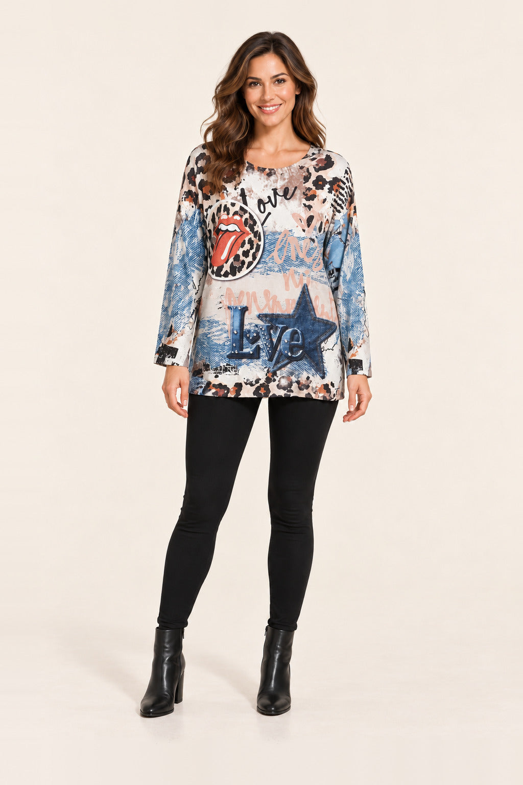 Boutique Karma Wild Love Mixed-Print Graphic Top in Multi, front view on model