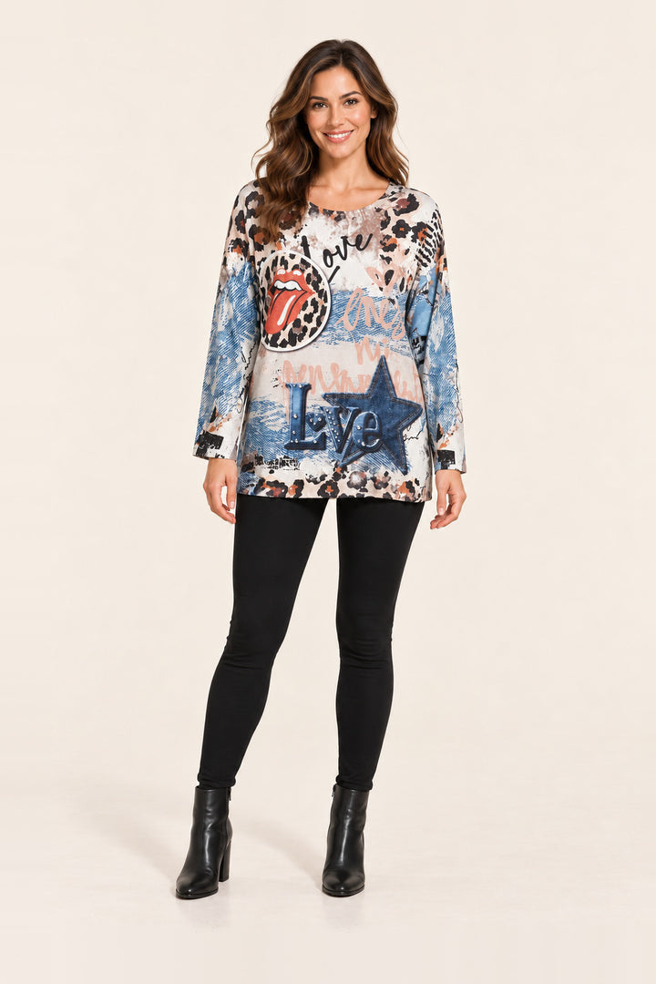 Boutique Karma Wild Love Mixed-Print Graphic Top in Multi, front view on model