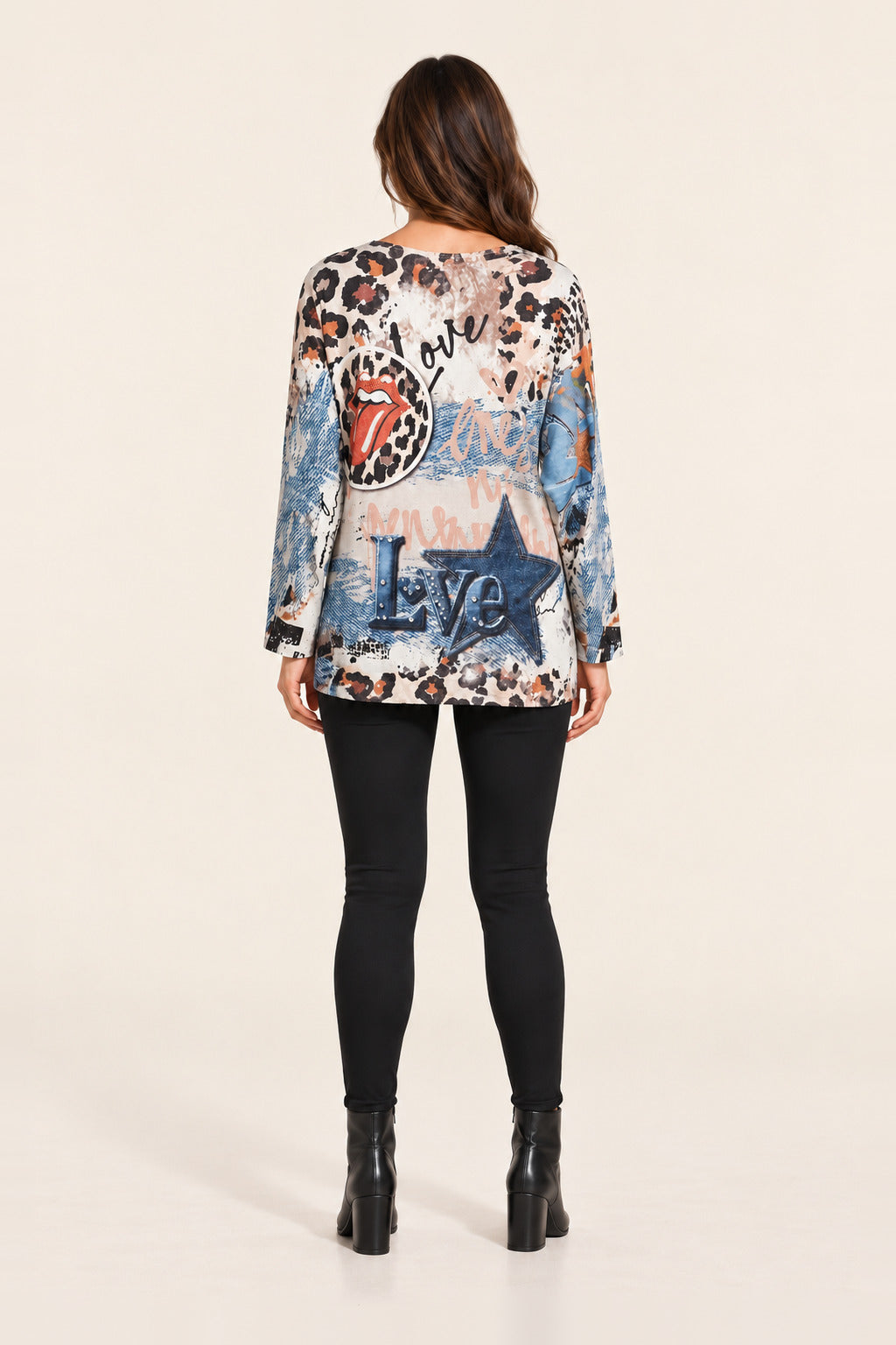 Boutique Karma Wild Love Mixed-Print Graphic Top in Multi, back view on model