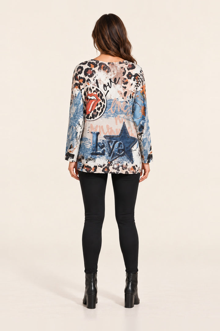 Boutique Karma Wild Love Mixed-Print Graphic Top in Multi, back view on model