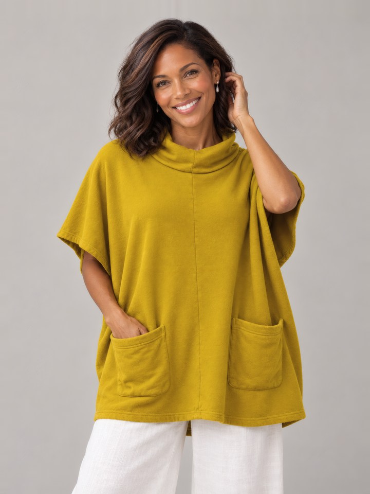 Bryn Walker Bamboo Fleece Pip Poncho in Dandelion, front view on model