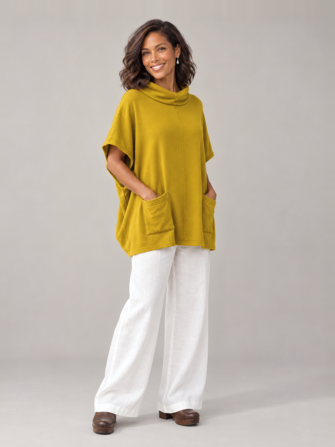 Bryn Walker Bamboo Fleece Pip Poncho in Dandelion, full outfit on model