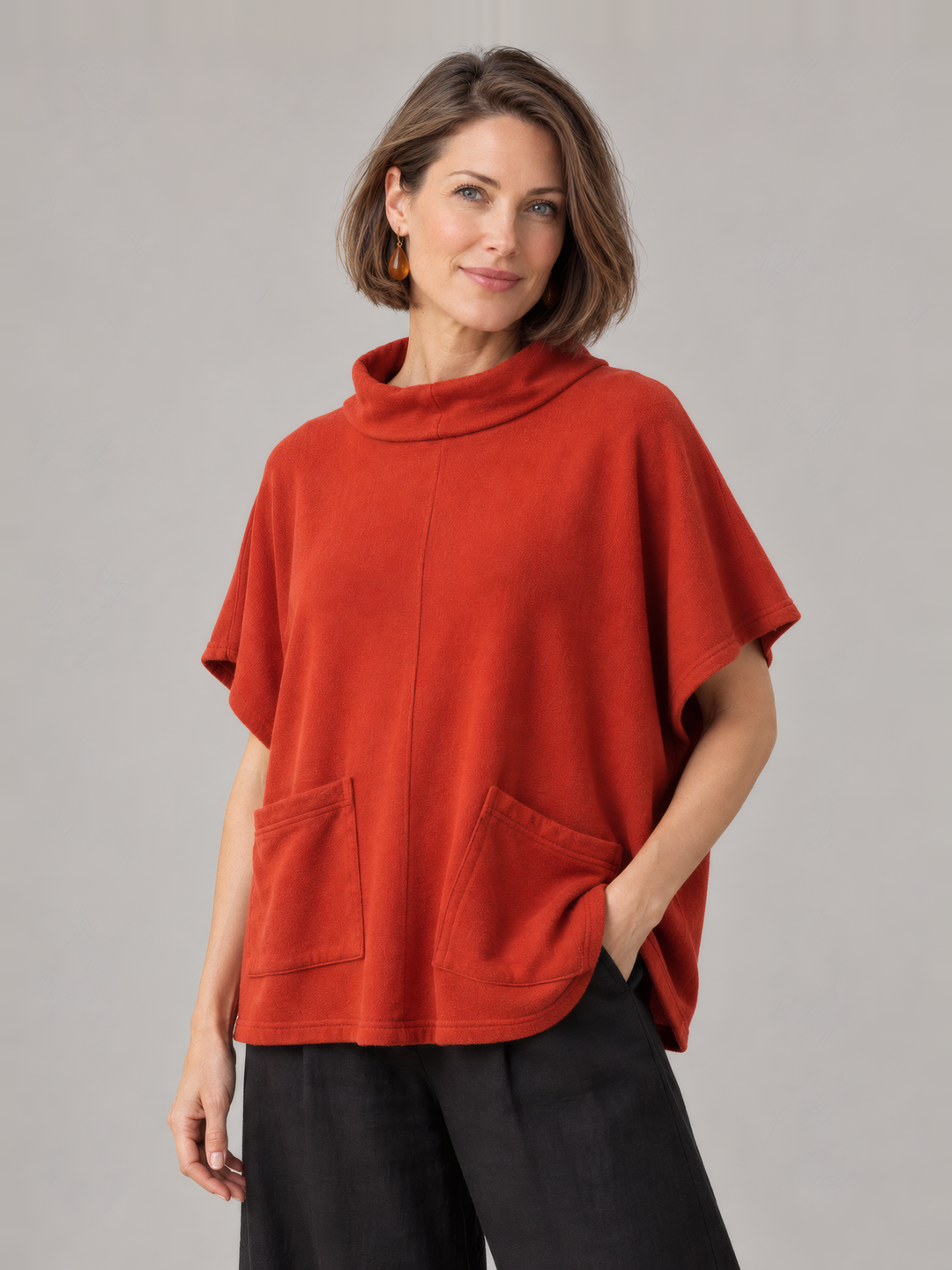 Bryn Walker Bamboo Fleece Pip Poncho in Uni, front view on model