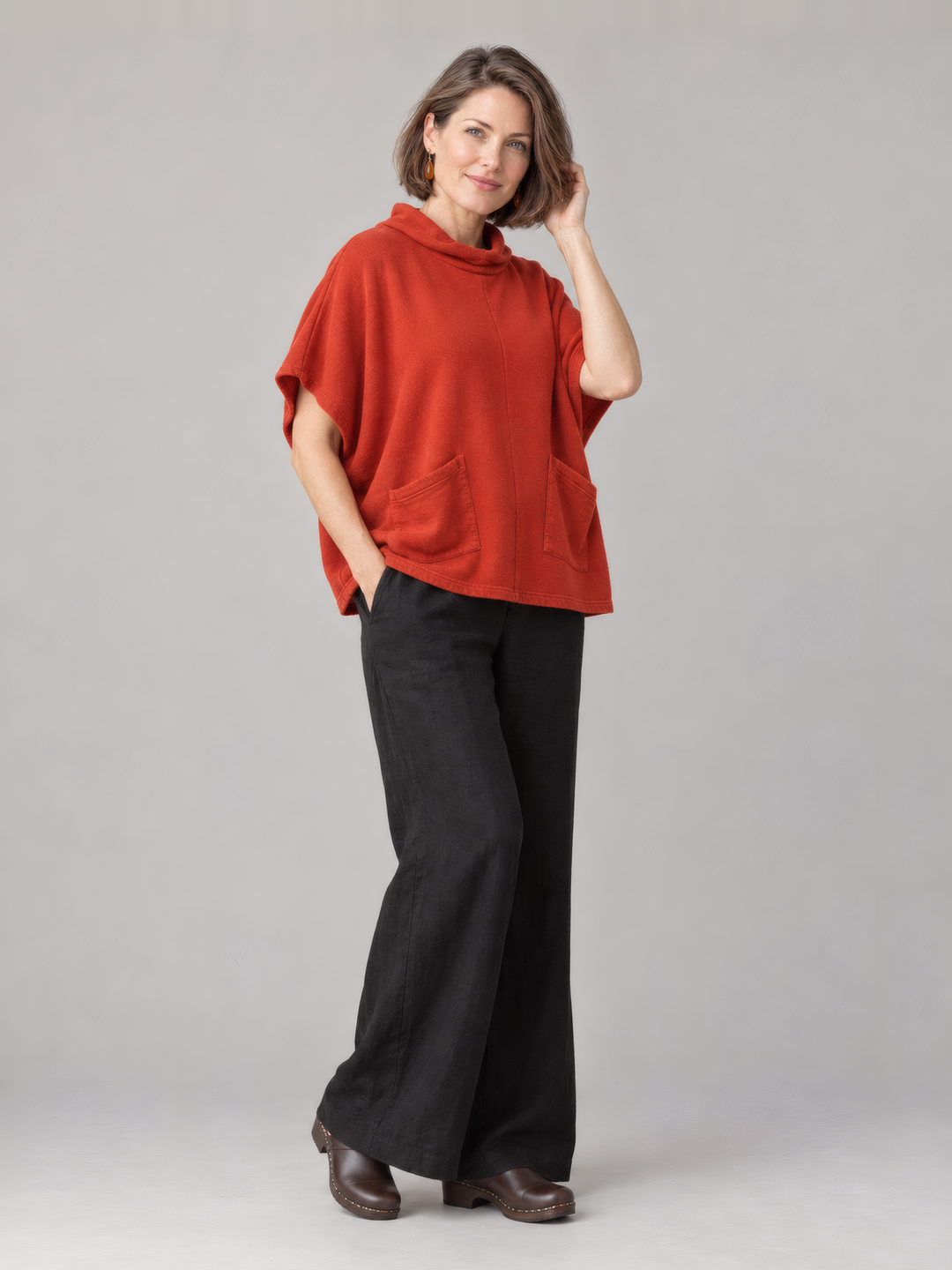Bryn Walker Bamboo Fleece Pip Poncho in Uni, full outfit on model