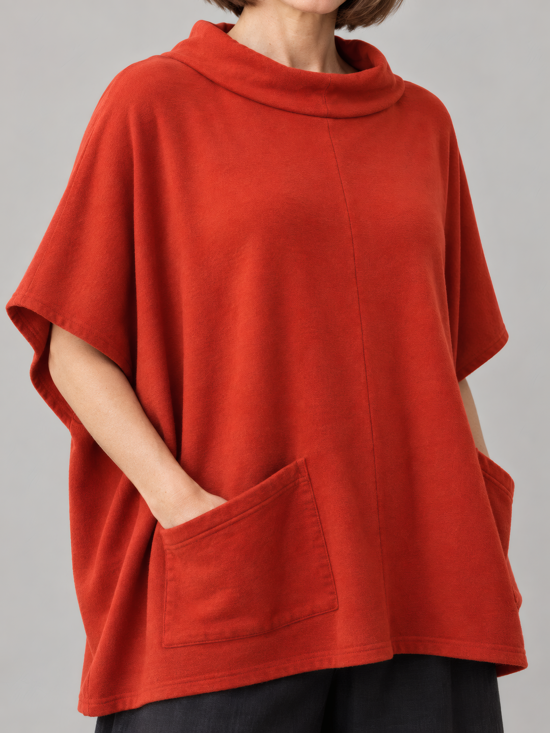Bryn Walker Bamboo Fleece Pip Poncho in Uni, close up of the fabric and details