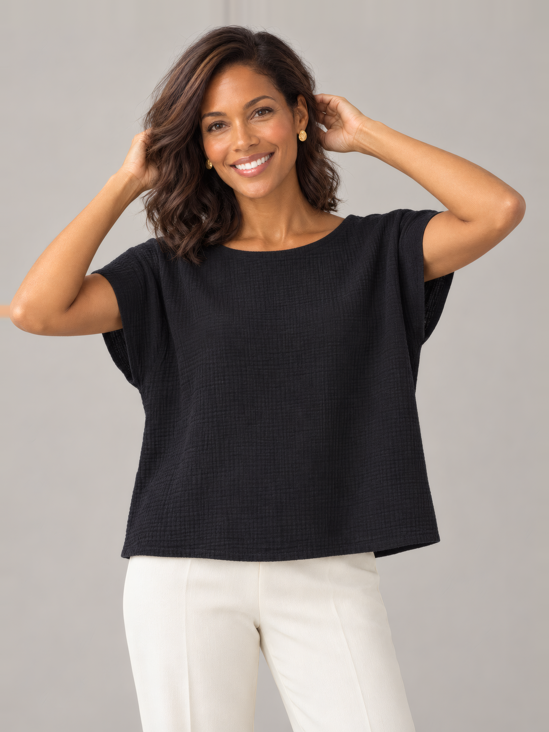 Bryn Walker Cotton Gauze Bess Shirt in Black, front view on model