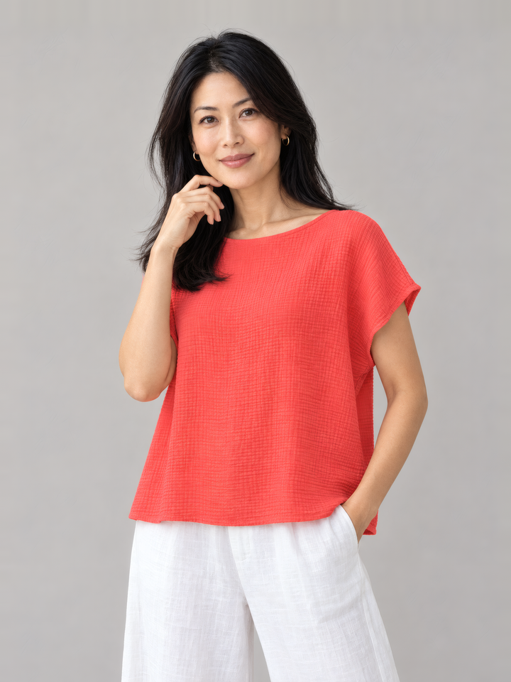 Bryn Walker Cotton Gauze Bess Shirt in Galah, front view on model
