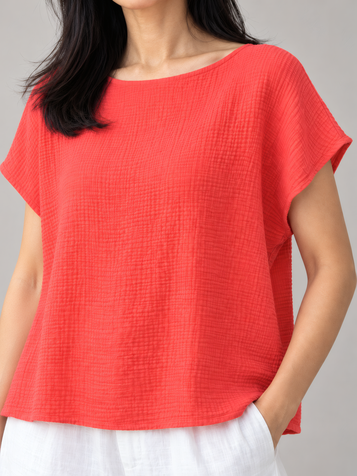 Bryn Walker Cotton Gauze Bess Shirt in Galah, close up of the fabric and details