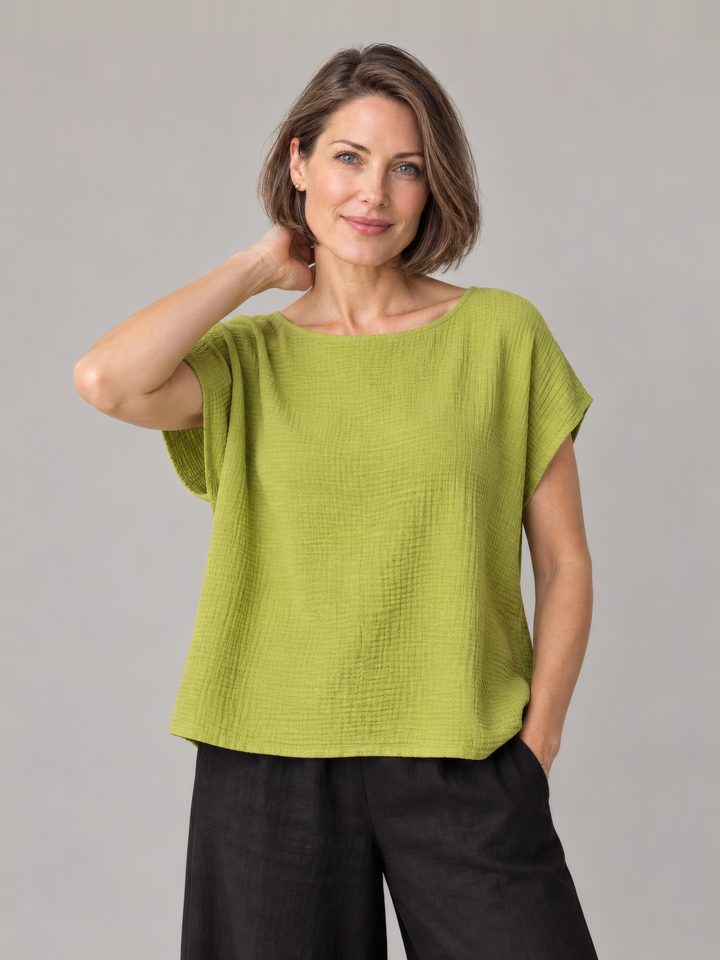 Bryn Walker Cotton Gauze Bess Shirt in Lacewing, front view on model