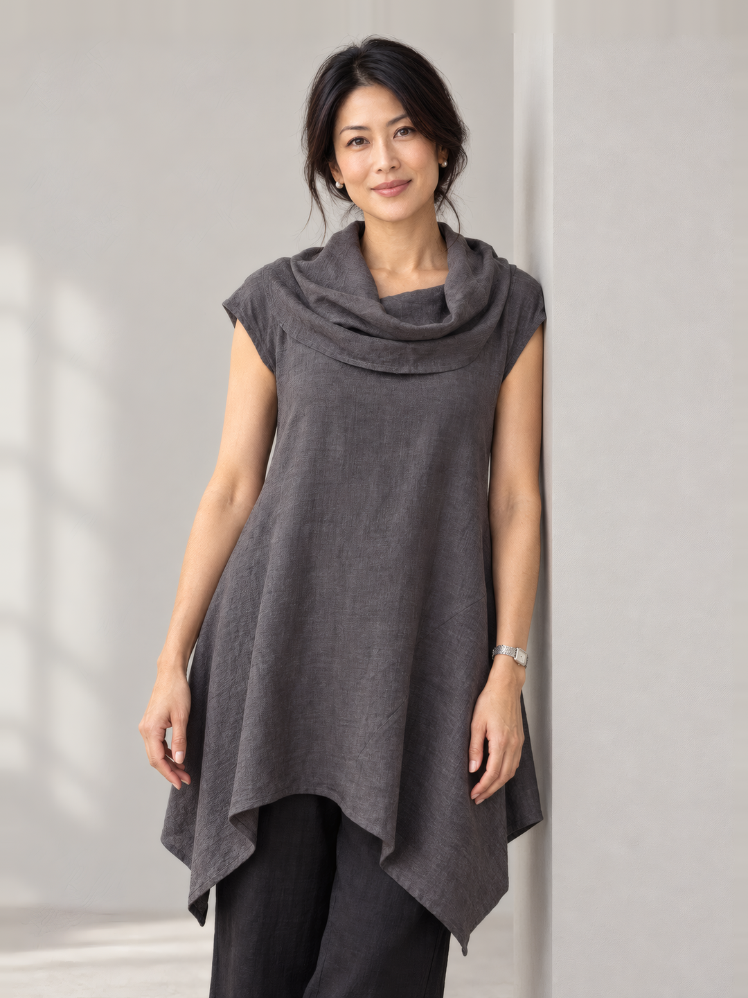 Bryn Walker Cross Dyed Linen Noa Tunic in Milano, front view on model