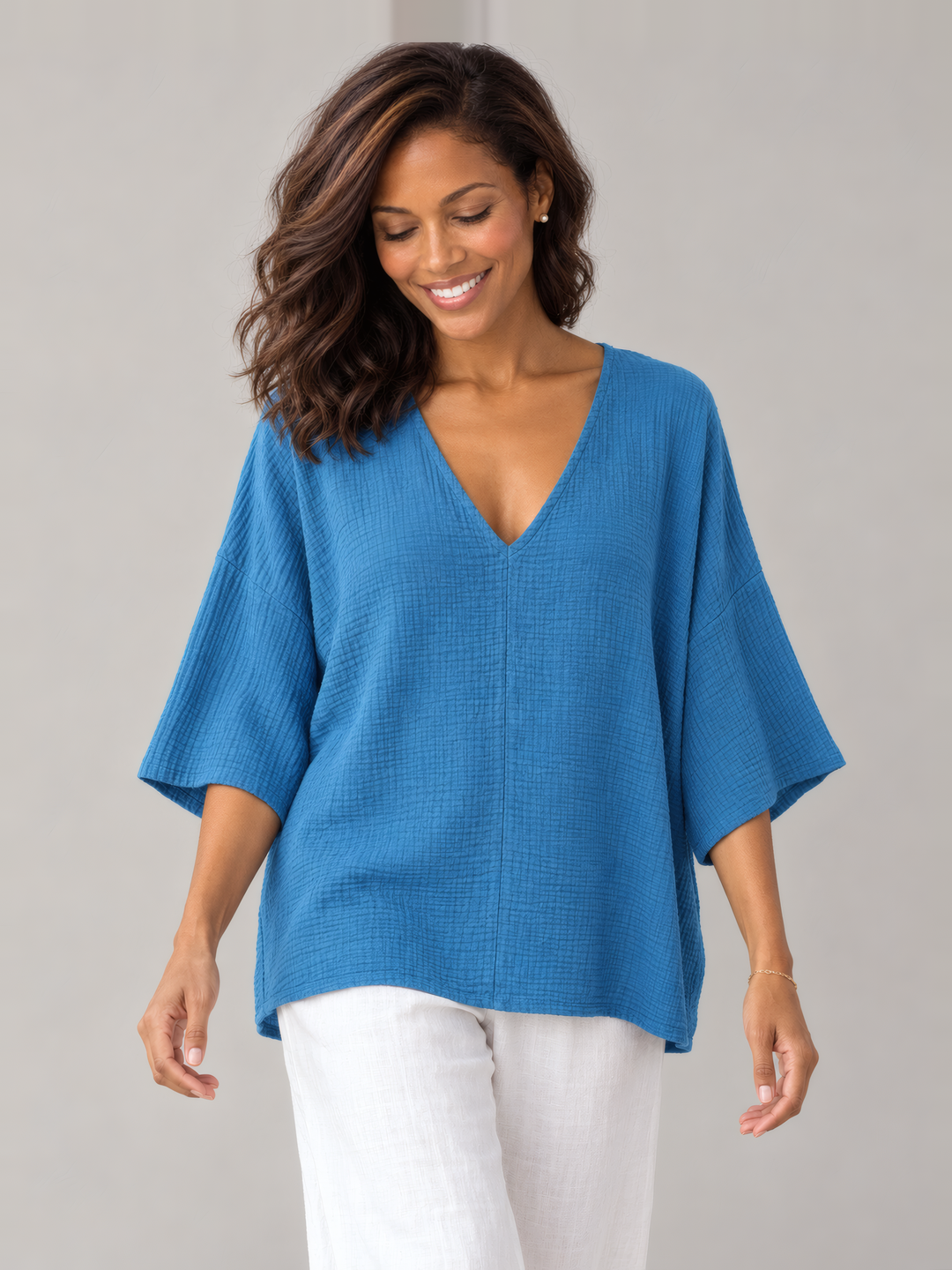Bryn Walker Gauze Bax Shirt in Demoiselle, front view on model