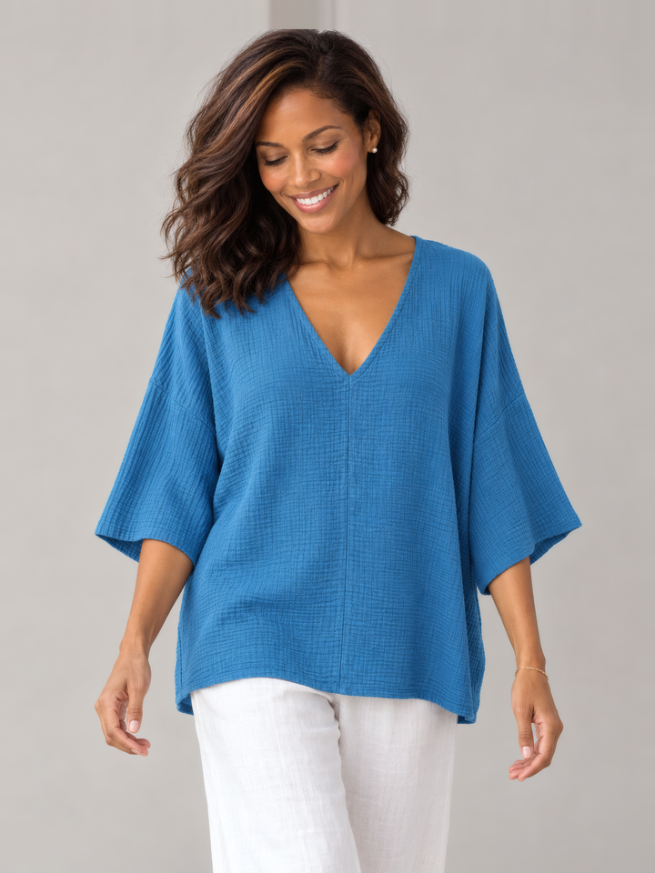 Bryn Walker Gauze Bax Shirt in Demoiselle, front view on model