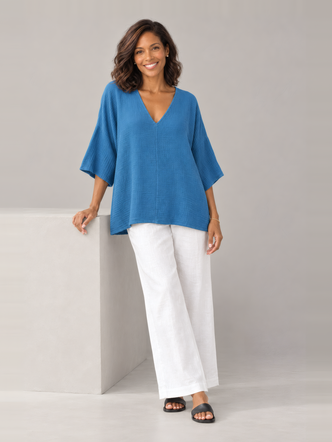Bryn Walker Gauze Bax Shirt in Demoiselle, full outfit on model