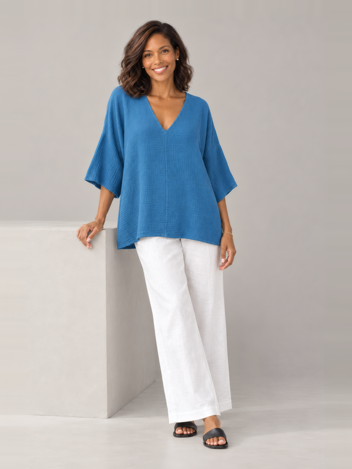Bryn Walker Gauze Bax Shirt in Demoiselle, full outfit on model