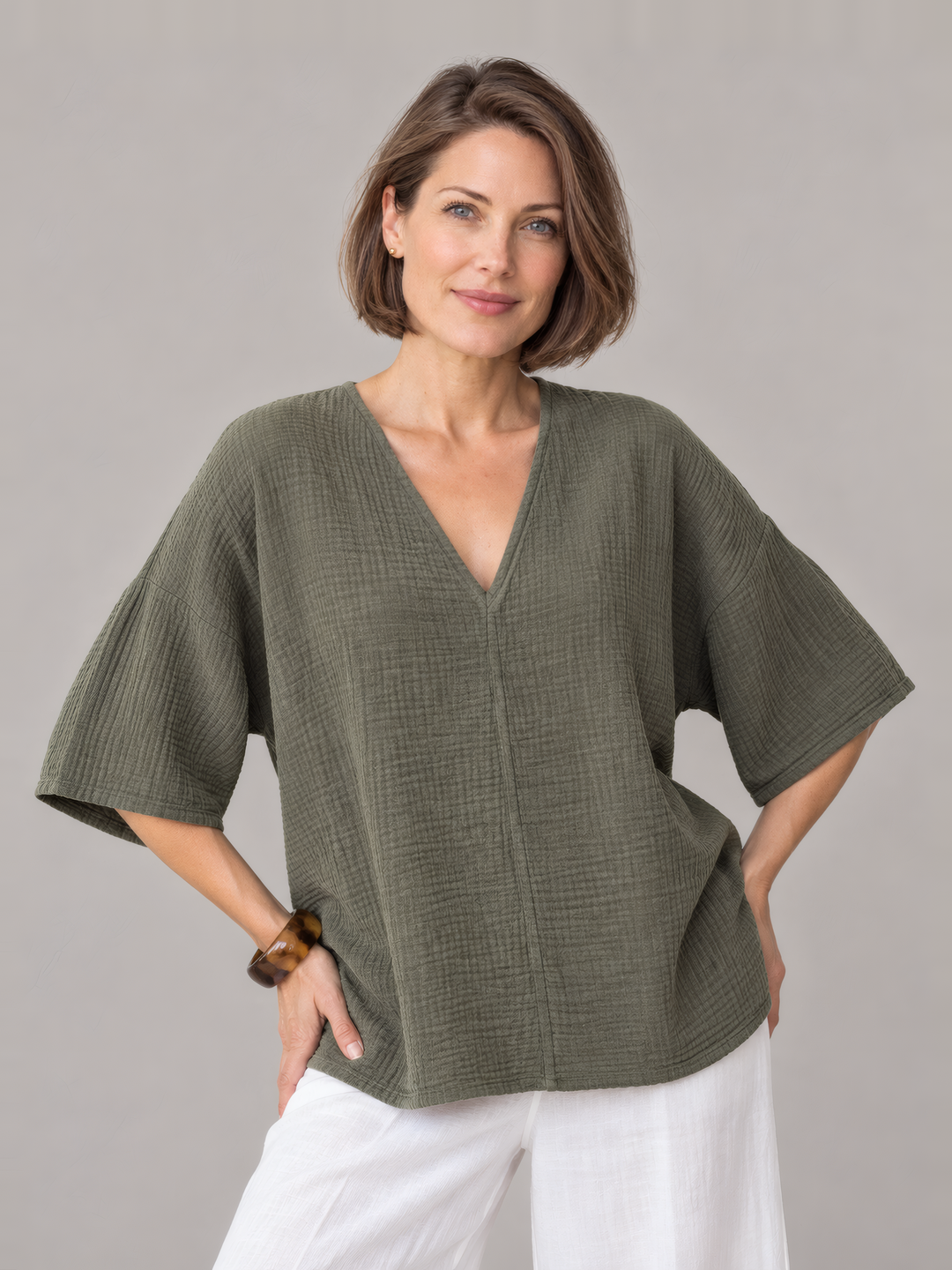 Bryn Walker Gauze Bax Shirt in Peppercorn, front view on model