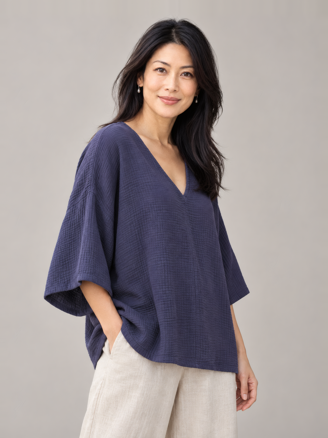 Bryn Walker Gauze Bax Shirt in Stargaze, front view on model