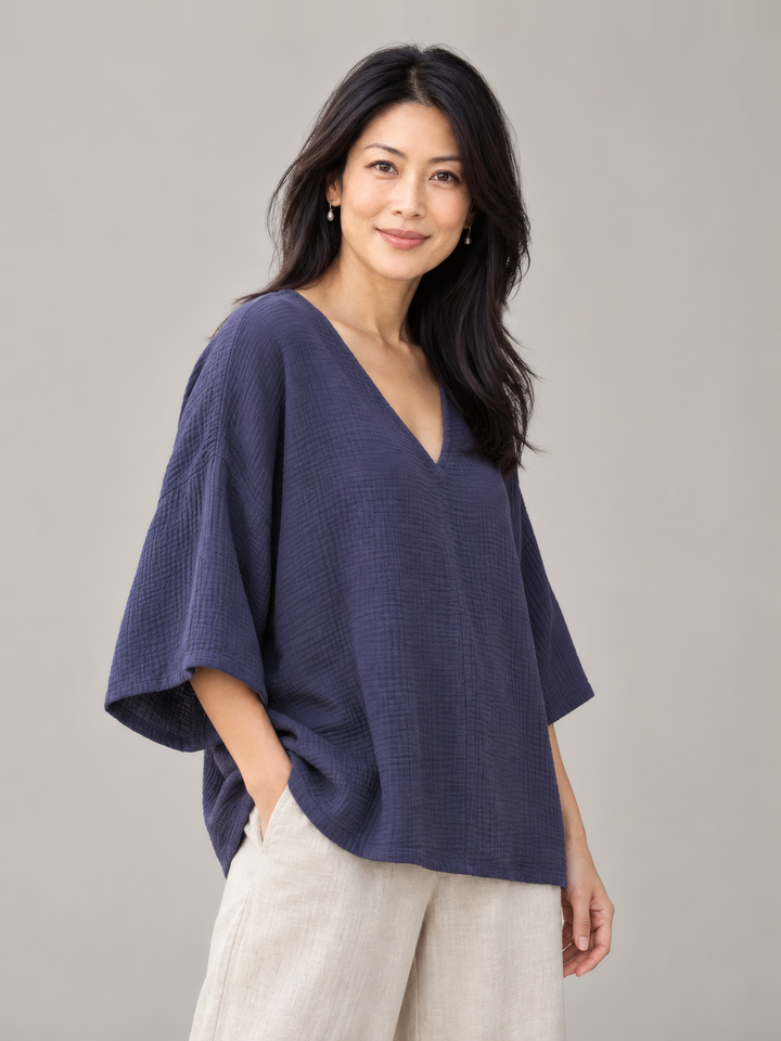 Bryn Walker Gauze Bax Shirt in Stargaze, front view on model