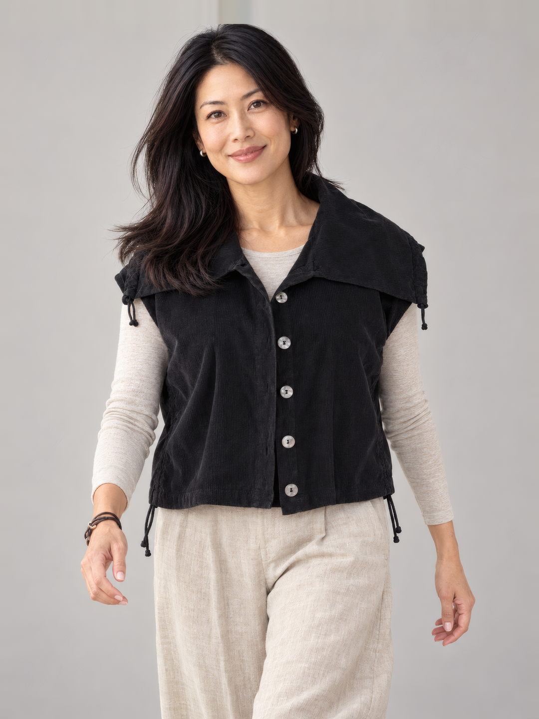 Bryn Walker Granada Corduroy Irene Vest in Black, front view on model