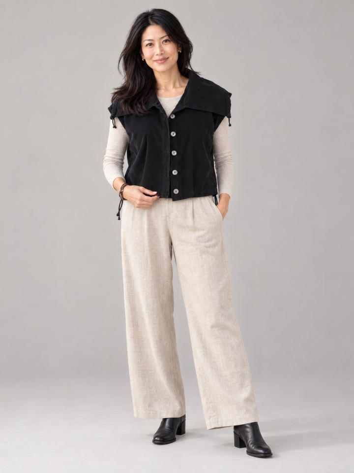 Bryn Walker Granada Corduroy Irene Vest in Black, full outfit on model