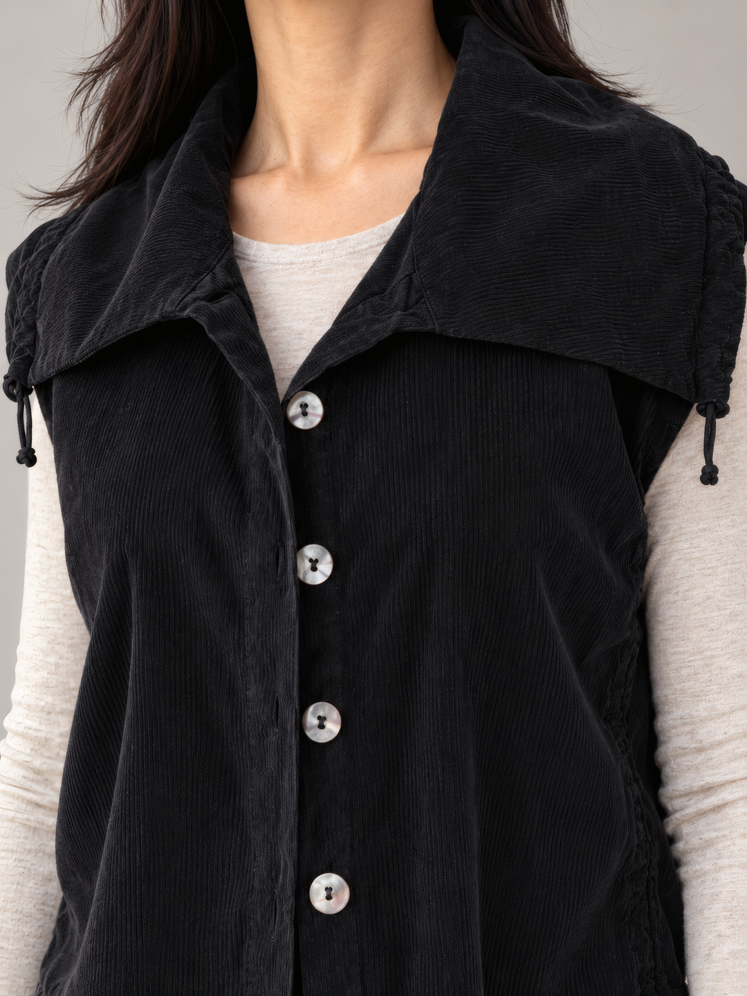 Bryn Walker Granada Corduroy Irene Vest in Black, close up of the fabric and details