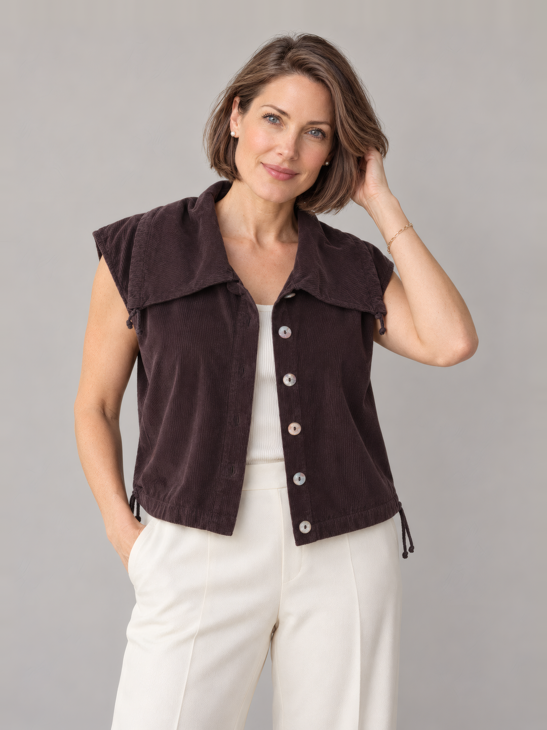 Bryn Walker Granada Corduroy Irene Vest in Fig, front view on model