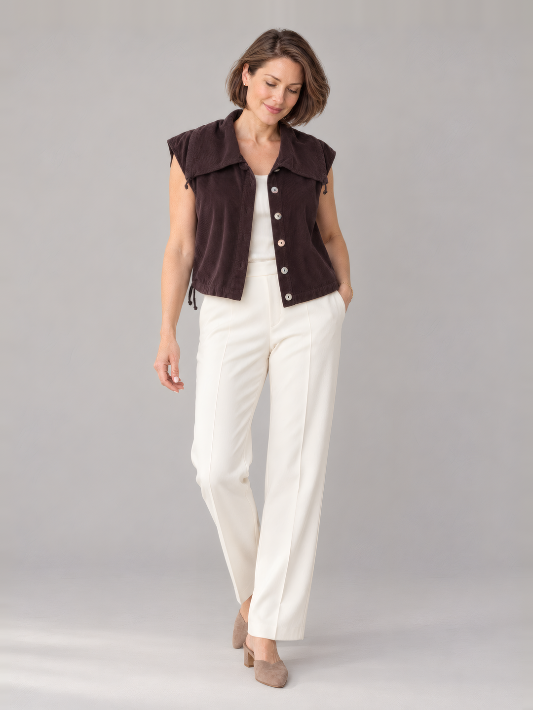 Bryn Walker Granada Corduroy Irene Vest in Fig, full outfit on model