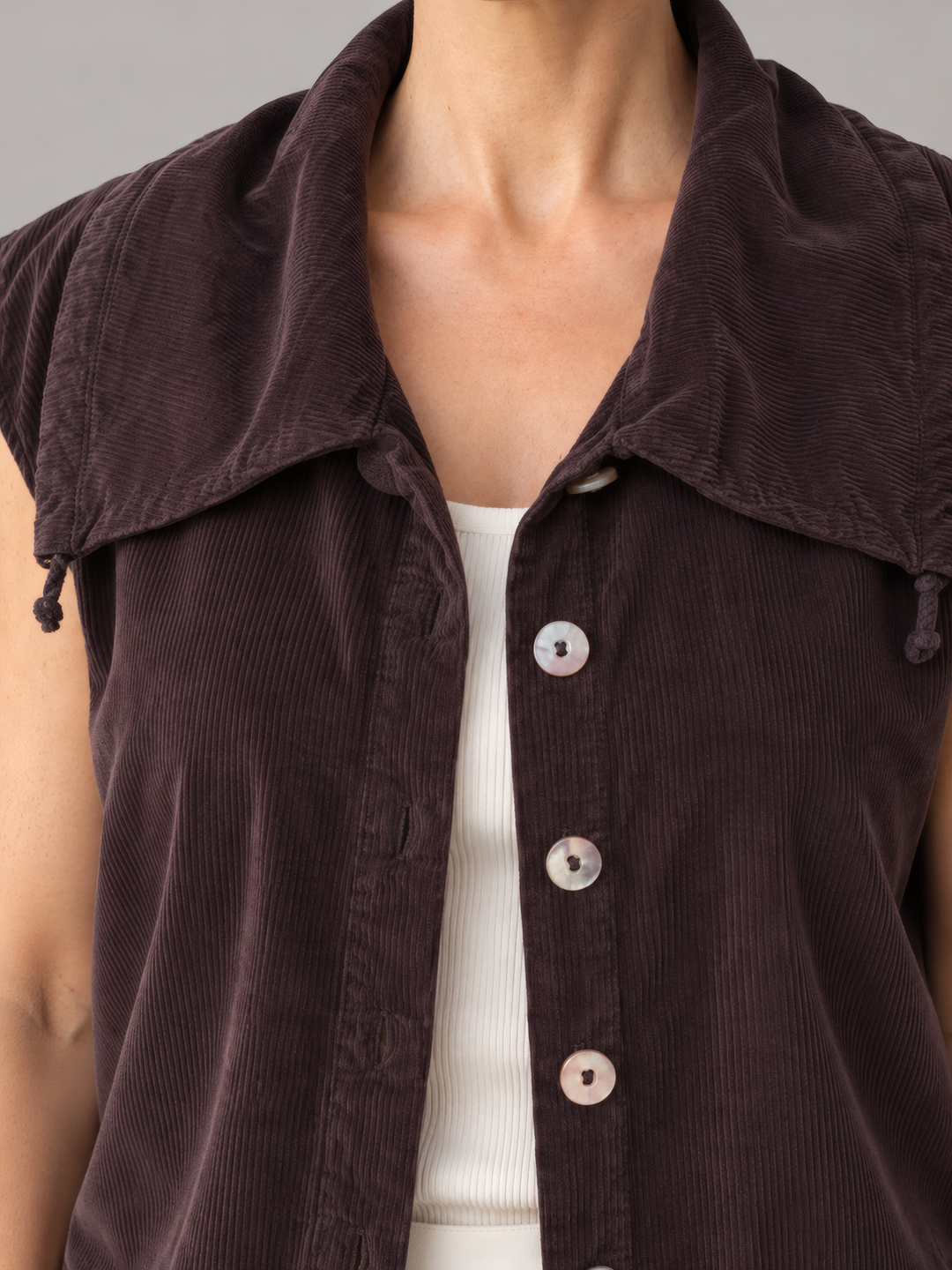 Bryn Walker Granada Corduroy Irene Vest in Fig, close up of the fabric and details