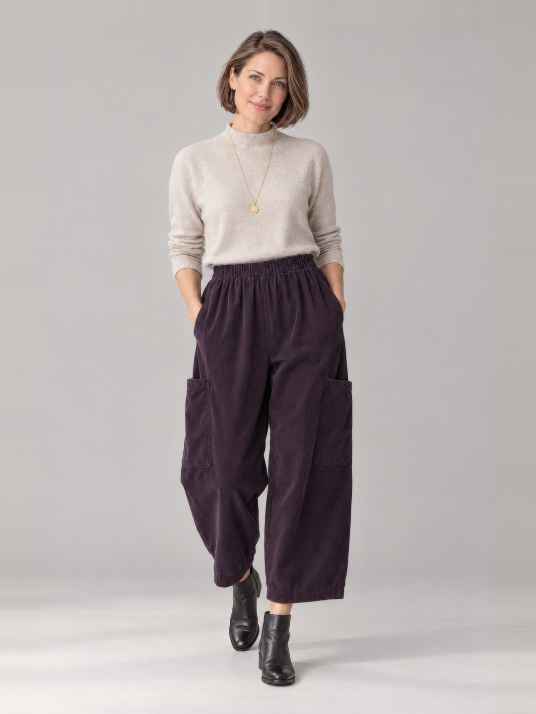 Bryn Walker Granada Corduroy Pasha Pant in Fig, front view on model