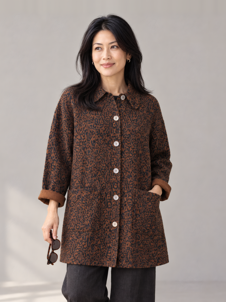 Bryn Walker Heavy Linen Car Coat in Pinecone, front view on model