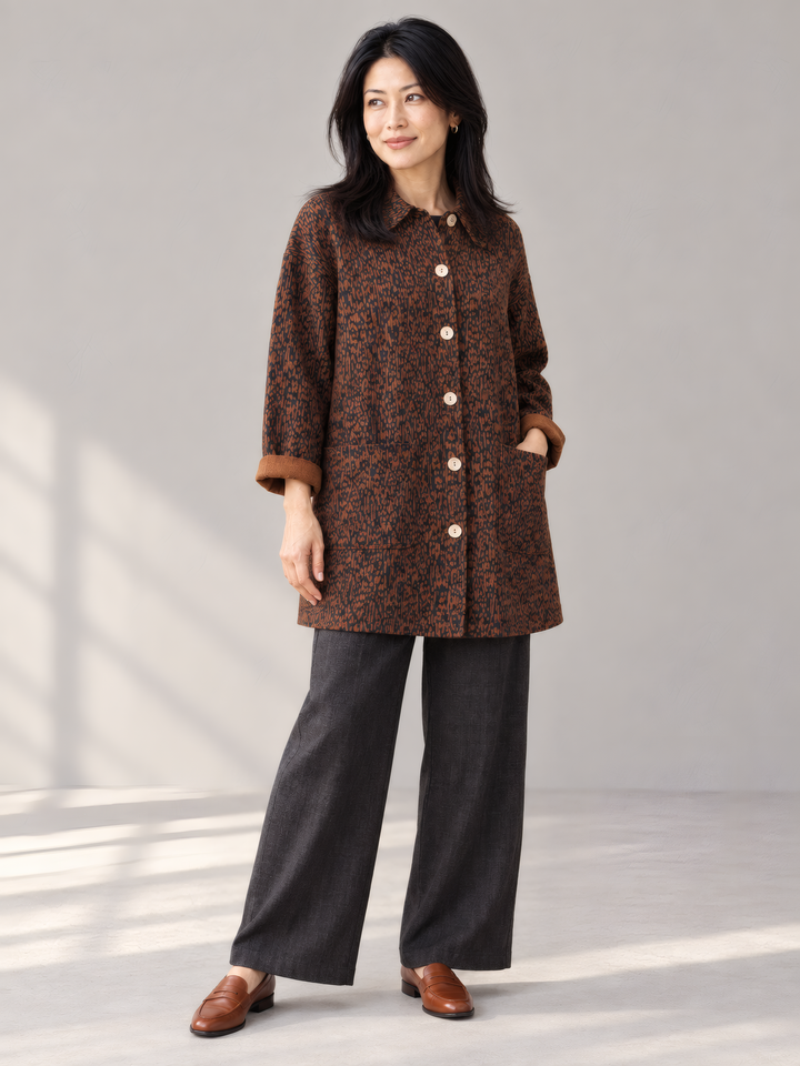 Bryn Walker Heavy Linen Car Coat in Pinecone, full outfit on model