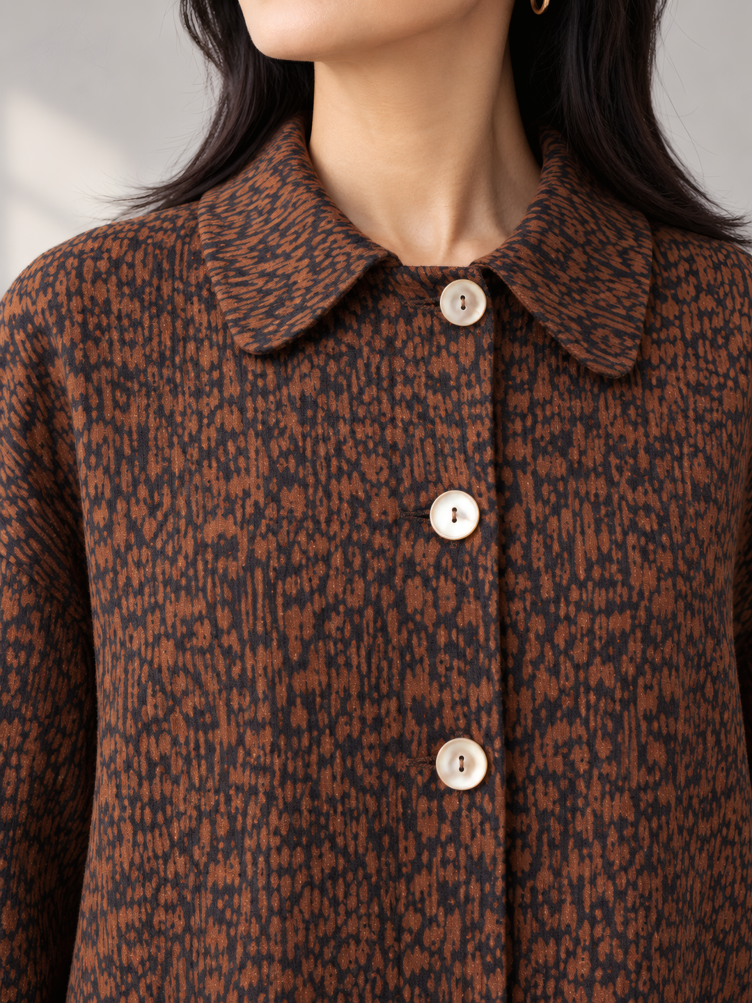 Bryn Walker Heavy Linen Car Coat in Pinecone, close up of the fabric and details