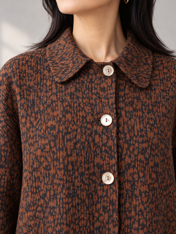 Bryn Walker Heavy Linen Car Coat in Pinecone, close up of the fabric and details