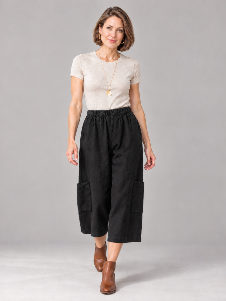Bryn Walker Heavy Linen Casbah Pant in Black, front view on model