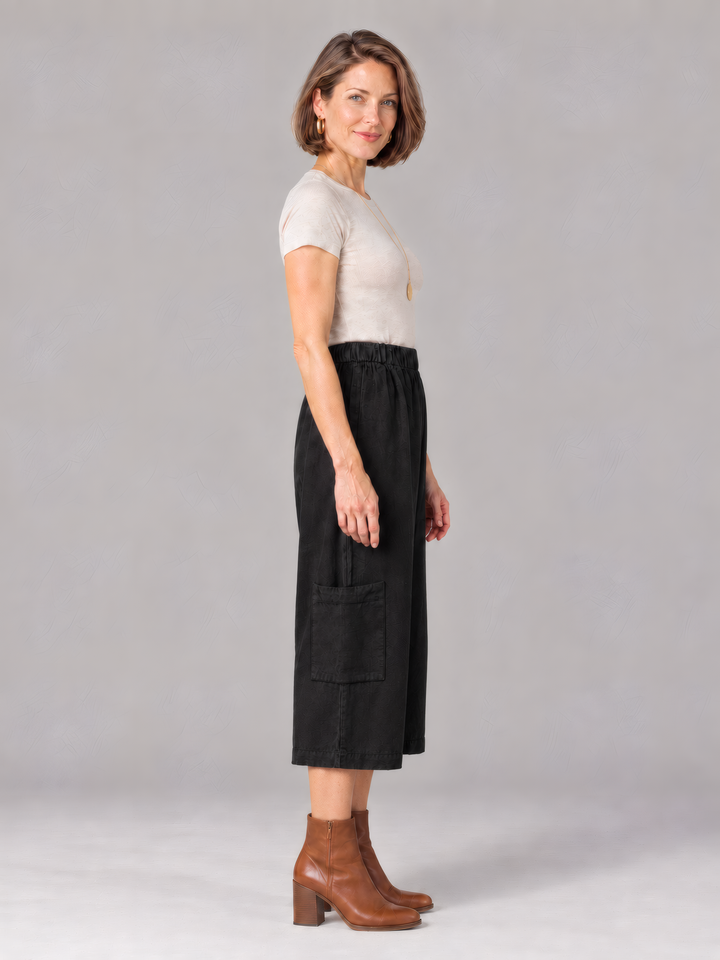 Bryn Walker Heavy Linen Casbah Pant in Black, side view on model