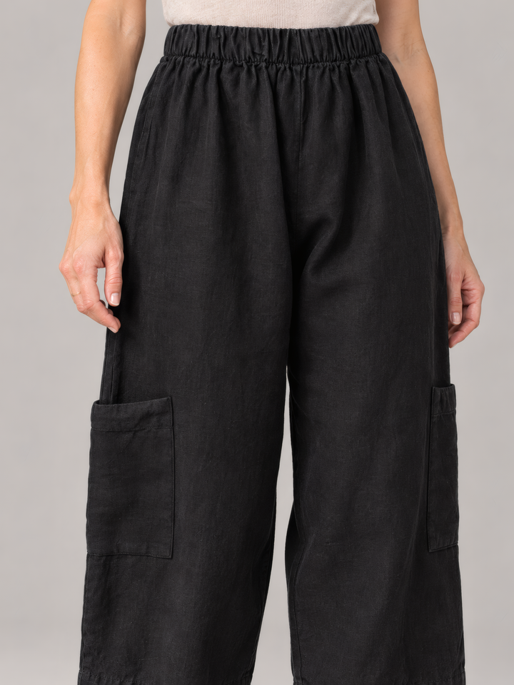 Bryn Walker Heavy Linen Casbah Pant in Black, close up of the fabric and details