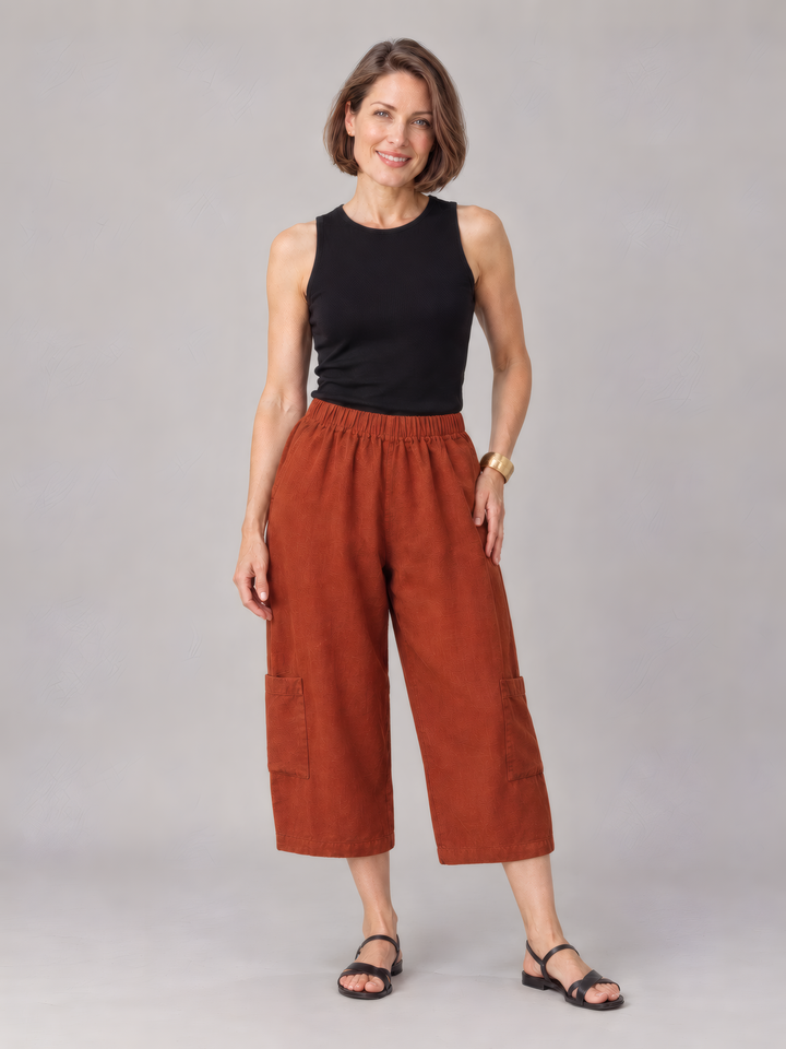 Bryn Walker Heavy Linen Casbah Pant in Hearth, front view on model