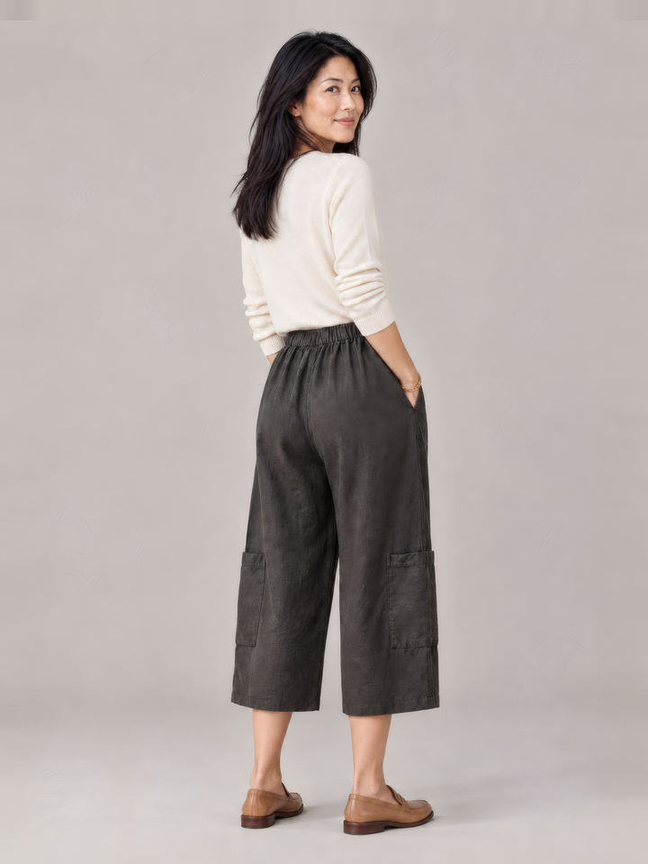 Bryn Walker Heavy Linen Casbah Pant in Kelp, back view on model