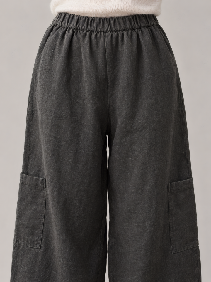 Bryn Walker Heavy Linen Casbah Pant in Kelp, close up of the fabric and details