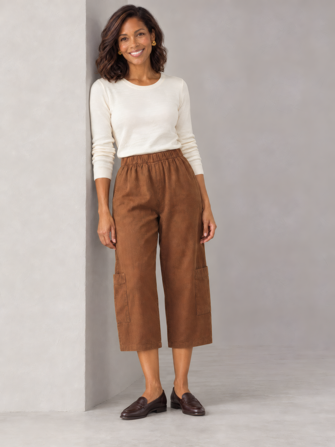 Bryn Walker Heavy Linen Casbah Pant in Pinecone, front view on model
