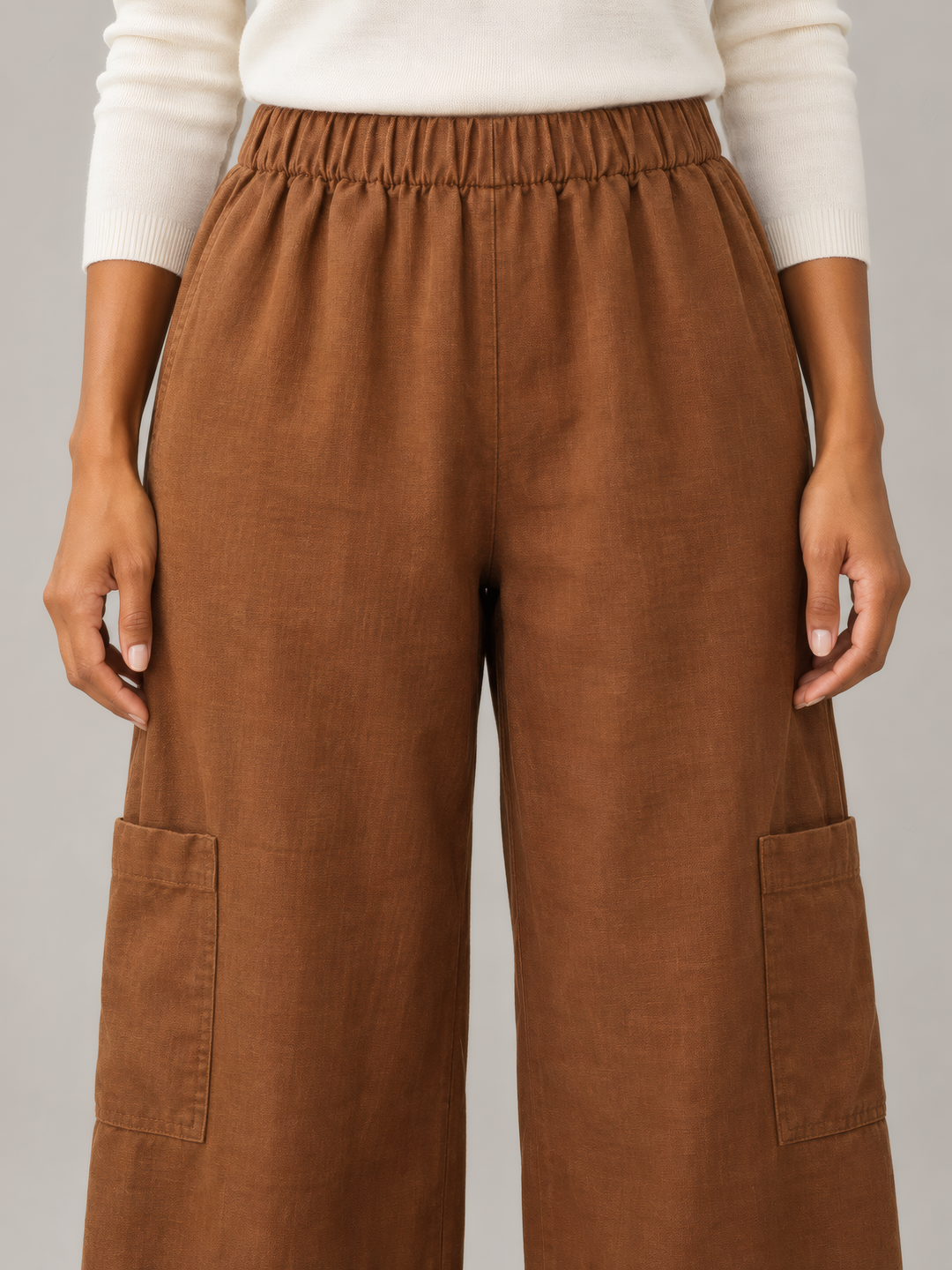 Bryn Walker Heavy Linen Casbah Pant in Pinecone, close up of the fabric and details
