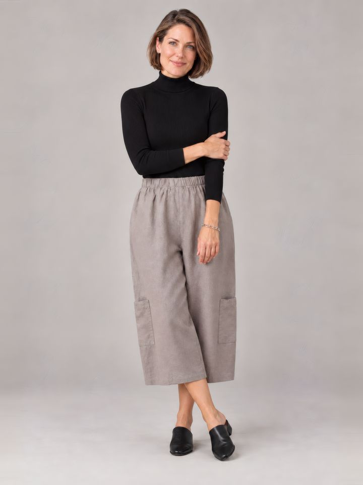 Bryn Walker Heavy Linen Casbah Pant in Sandpiper, front view on model