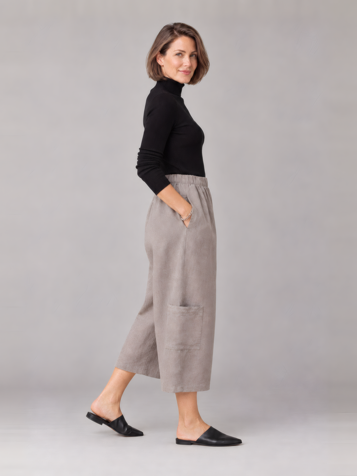 Bryn Walker Heavy Linen Casbah Pant in Sandpiper, side view on model