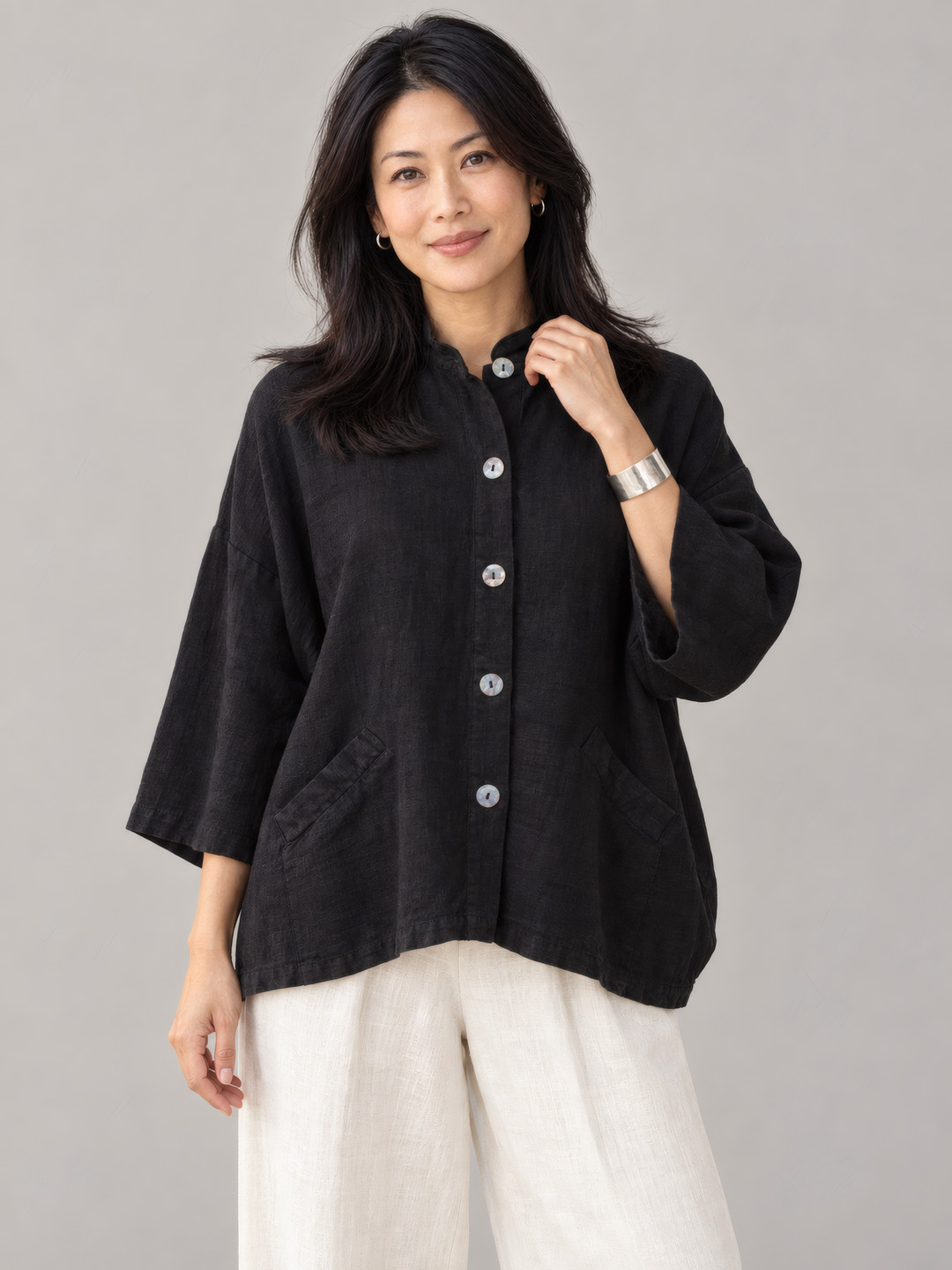 Bryn Walker Heavy Linen Danuta Jacket in Black, front view on model